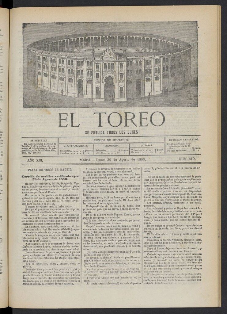 Miniatura de El Toreo: suplemento a "La Correspondencia Teatral" del 30 de agosto de 1886, nº 610
