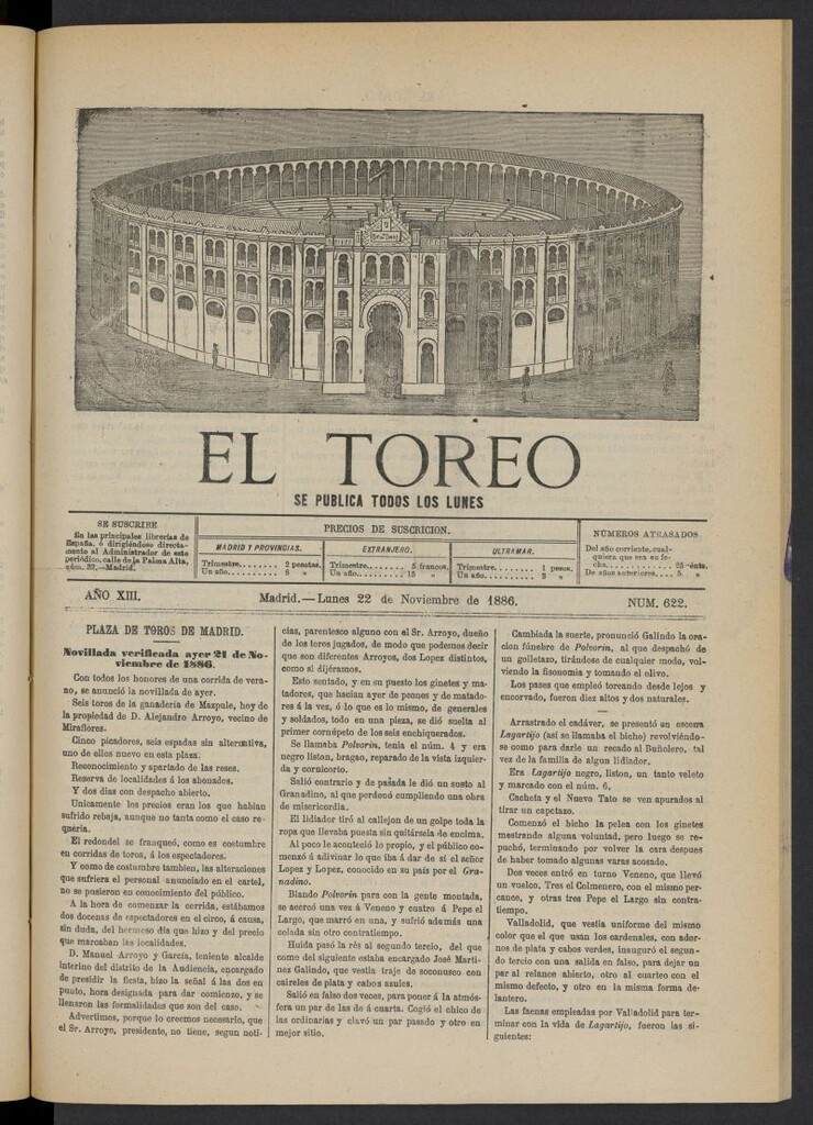 Miniatura de El Toreo: suplemento a "La Correspondencia Teatral" del 22 de noviembre de 1886, nº 622