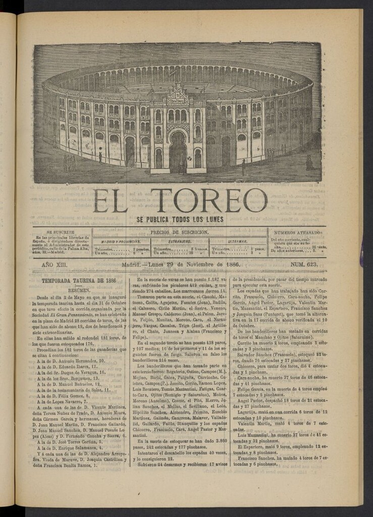 Miniatura de El Toreo: suplemento a "La Correspondencia Teatral" del 29 de noviembre de 1886, nº 623