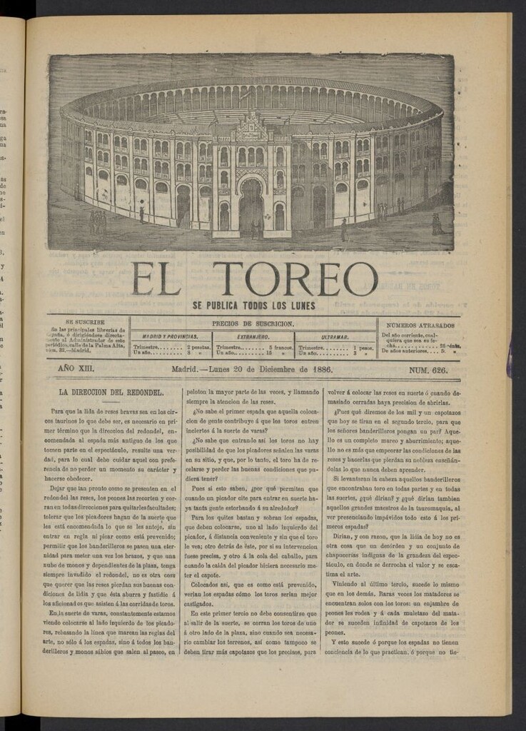 Miniatura de El Toreo: suplemento a "La Correspondencia Teatral" del 20 de diciembre de 1886, nº 626