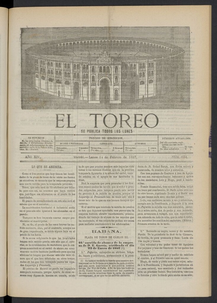 Miniatura de El Toreo: suplemento a "La Correspondencia Teatral" del 14 de febrero de 1887, nº 634