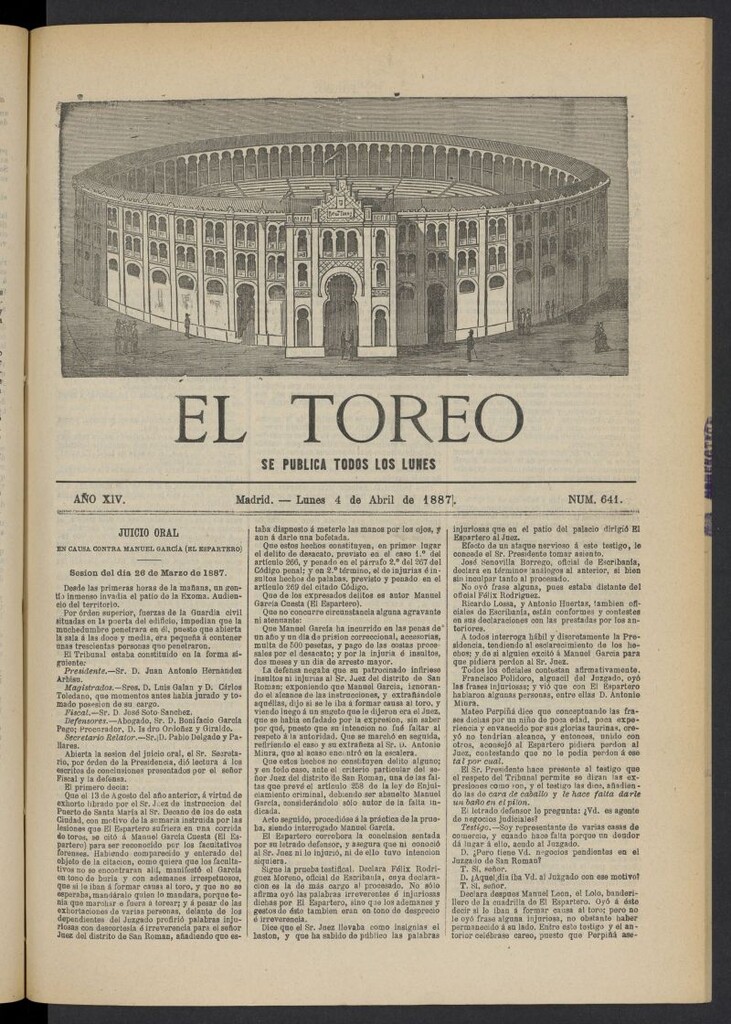 Miniatura de El Toreo: suplemento a "La Correspondencia Teatral" del 4 de abril de 1887, nº 641