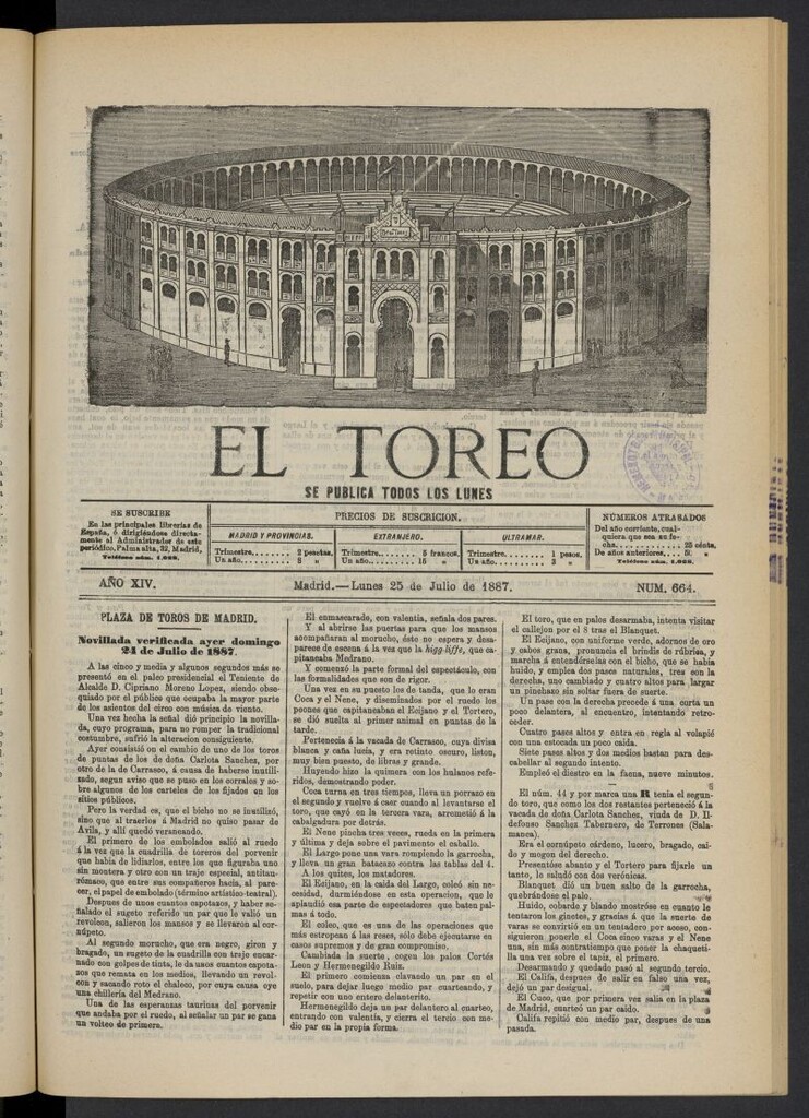Miniatura de El Toreo: suplemento a "La Correspondencia Teatral" del 25 de julio de 1887, nº 664
