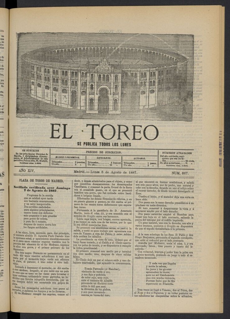 Miniatura de El Toreo: suplemento a "La Correspondencia Teatral" del 8 de agosto de 1887, nº 667