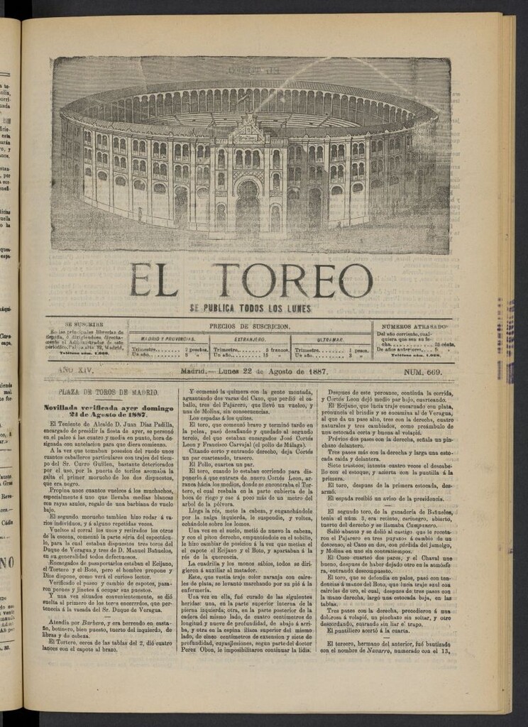 Miniatura de El Toreo: suplemento a "La Correspondencia Teatral" del 22 de agosto de 1887, nº 669
