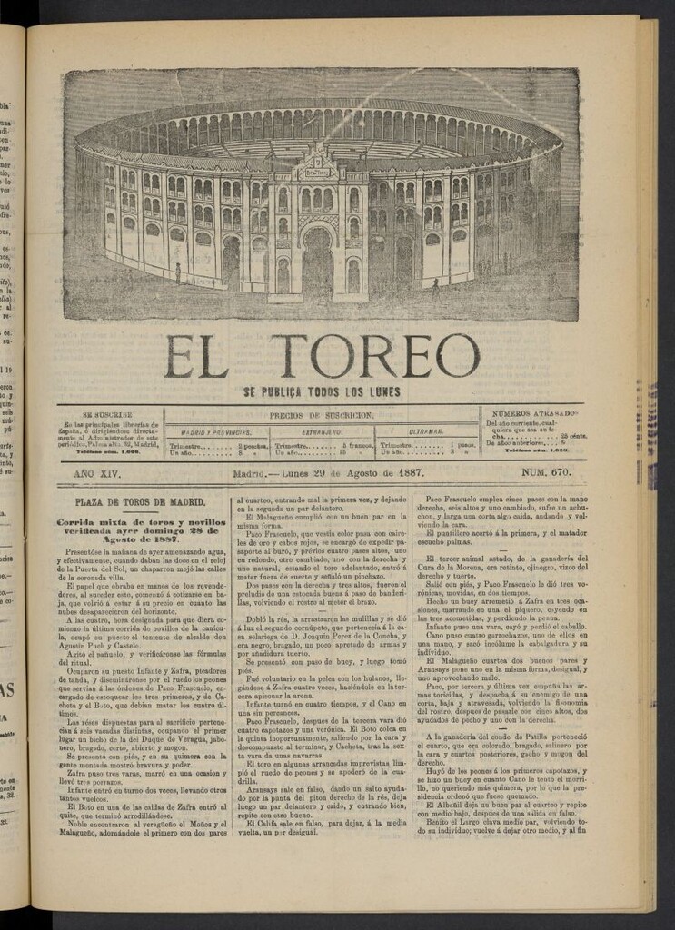 Miniatura de El Toreo: suplemento a "La Correspondencia Teatral" del 29 de agosto de 1887, nº 670