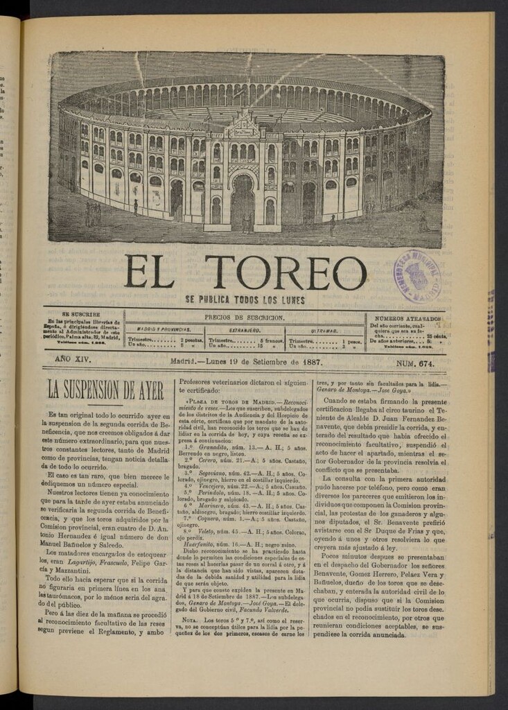Miniatura de El Toreo: suplemento a "La Correspondencia Teatral" del 19 de septiembre de 1887, nº 674