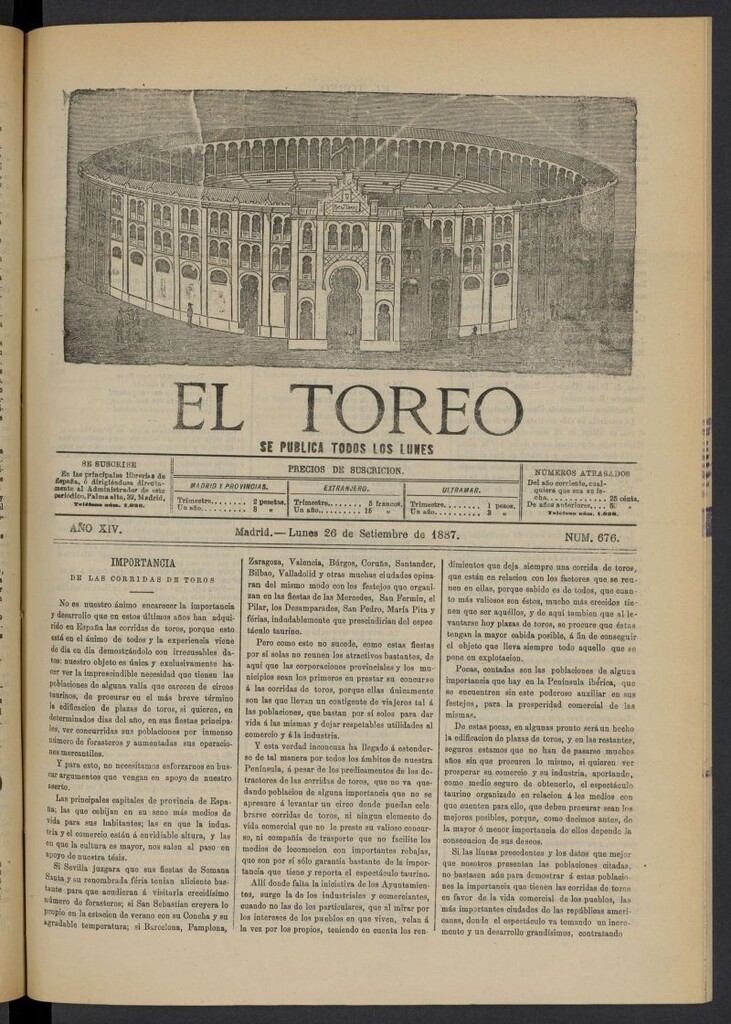 Miniatura de El Toreo: suplemento a "La Correspondencia Teatral" del 26 de septiembre de 1887, nº 676