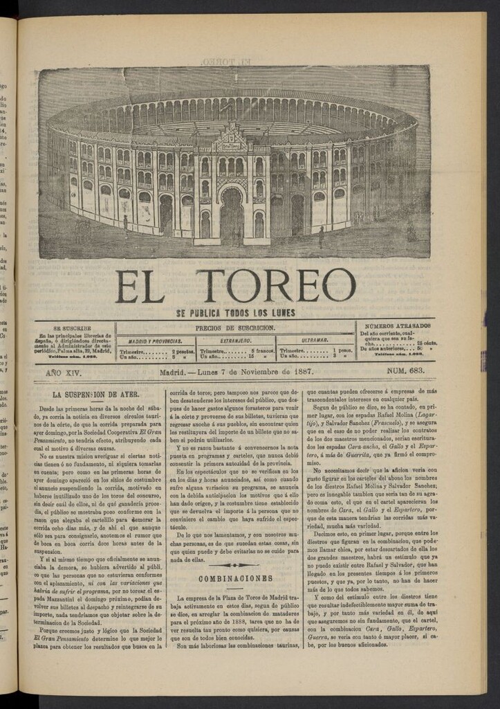 Miniatura de El Toreo: suplemento a "La Correspondencia Teatral" del 7 de noviembre de 1887, nº 683.