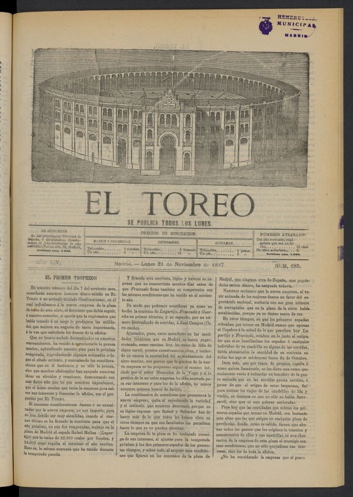 Miniatura de El Toreo: suplemento a "La Correspondencia Teatral" del 21 de noviembre de 1887, nº 685