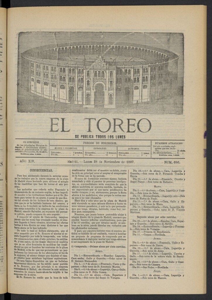 Miniatura de El Toreo: suplemento a "La Correspondencia Teatral" del 28 de noviembre de 1887, nº 686