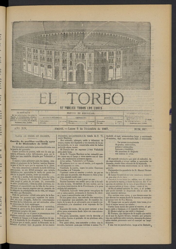 Miniatura de El Toreo: suplemento a "La Correspondencia Teatral" del 5 de diciembre de 1887, nº 687