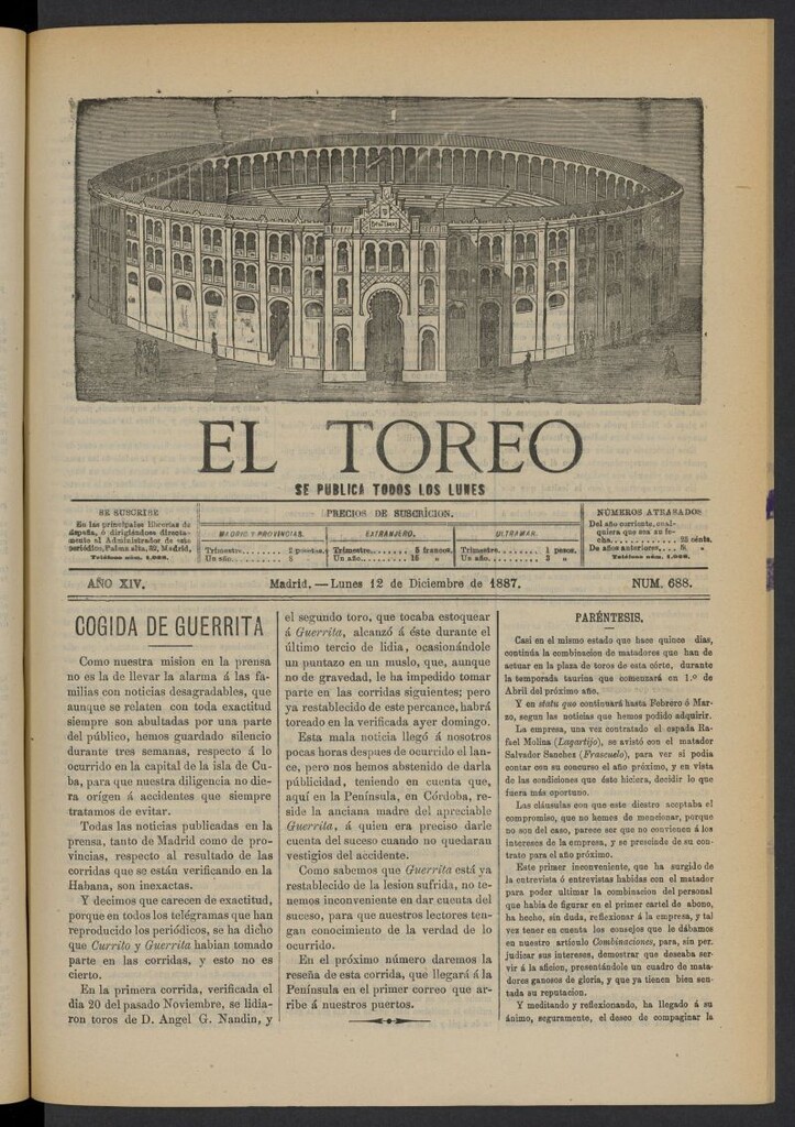 Miniatura de El Toreo: suplemento a "La Correspondencia Teatral" del 12 de diciembre de 1887, nº 688