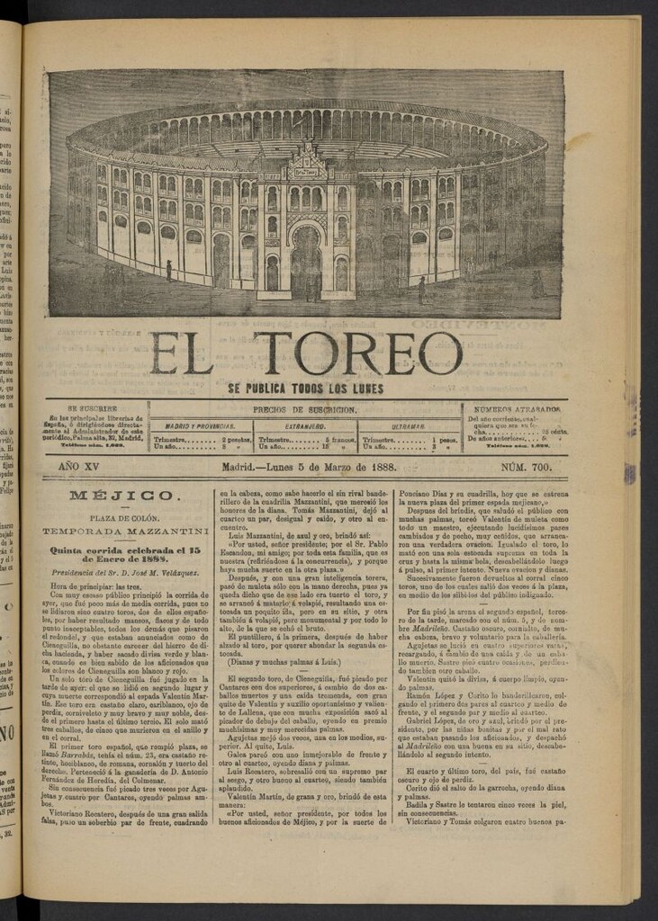 Miniatura de El Toreo: suplemento a "La Correspondencia Teatral" del 5 de marzo de 1888, nº 700