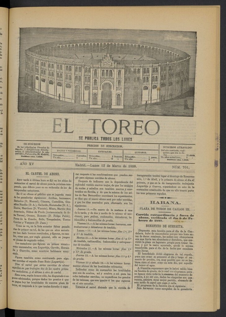 Miniatura de El Toreo: suplemento a "La Correspondencia Teatral" del 12 de marzo de 1888, nº 701