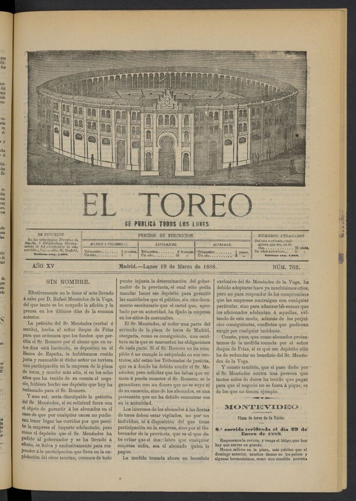 Miniatura de El Toreo: suplemento a "La Correspondencia Teatral" del 19 de marzo de 1888, nº 702