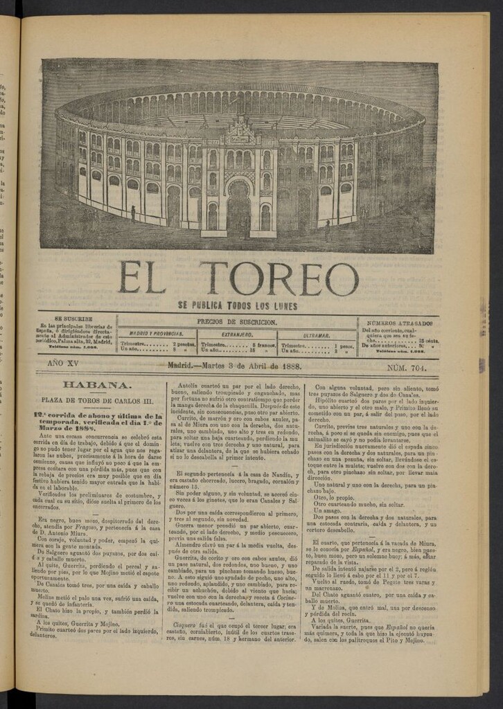 Miniatura de El Toreo: suplemento a "La Correspondencia Teatral" del 3 de abril de 1888, nº 704