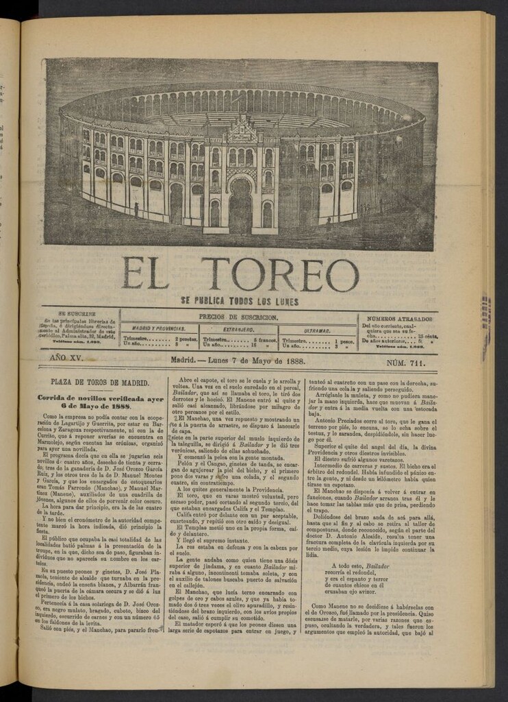 Miniatura de El Toreo: suplemento a "La Correspondencia Teatral" del 7 de mayo de 1888, nº 711