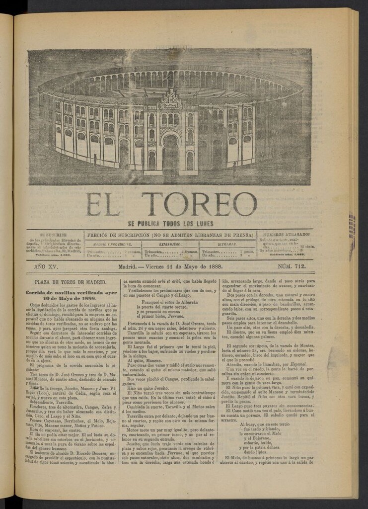 Miniatura de El Toreo: suplemento a "La Correspondencia Teatral" del 11 de mayo de 1888, nº 712