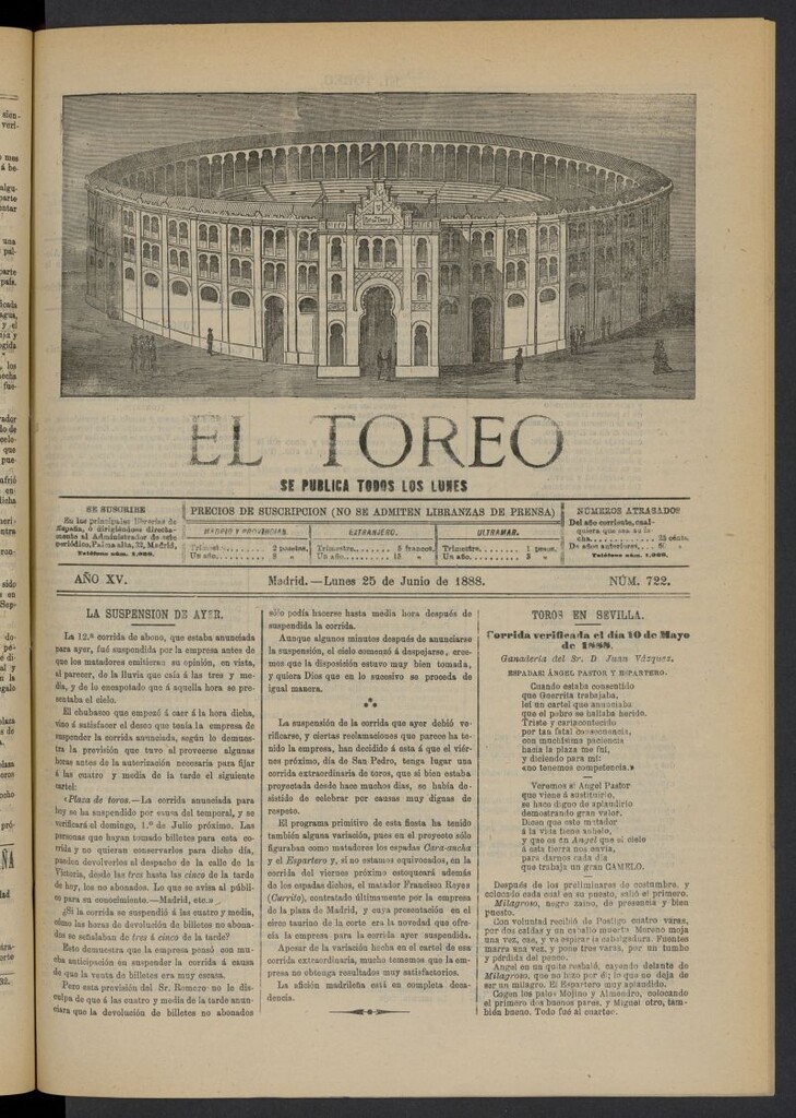 Miniatura de El Toreo: suplemento a "La Correspondencia Teatral" del 25 de junio de 1888, nº 722
