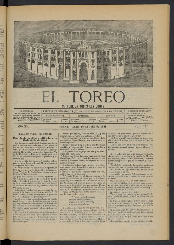 Miniatura de El Toreo: suplemento a "La Correspondencia Teatral" del 16 de julio de 1888, nº 727