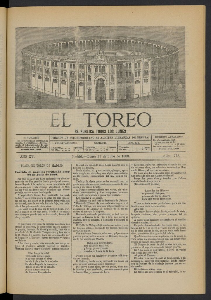 Miniatura de El Toreo: suplemento a "La Correspondencia Teatral" del 23 de julio de 1888, nº 728