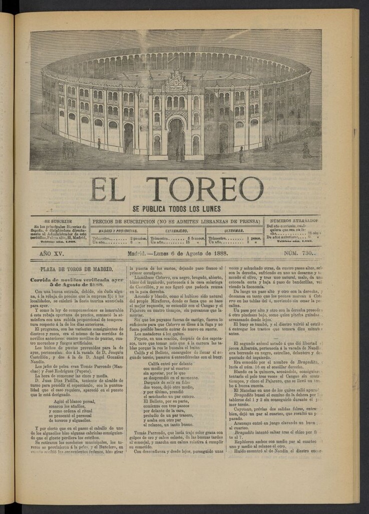 Miniatura de El Toreo: suplemento a "La Correspondencia Teatral" del 6 de agosto de 1888, nº 730