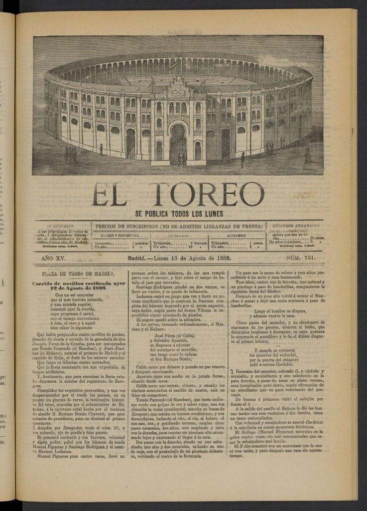 Miniatura de El Toreo: suplemento a "La Correspondencia Teatral" del 13 de agosto de 1888, nº 731