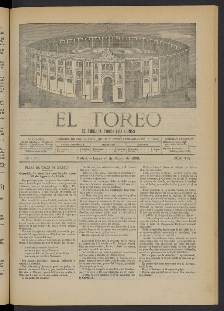 Miniatura de El Toreo: suplemento a "La Correspondencia Teatral" del 20 de agosto de 1888, nº 732
