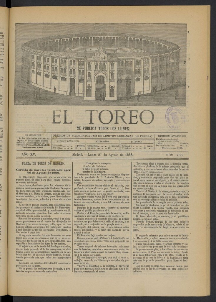 Miniatura de El Toreo: suplemento a "La Correspondencia Teatral" del 27 de agosto de 1888, nº 733