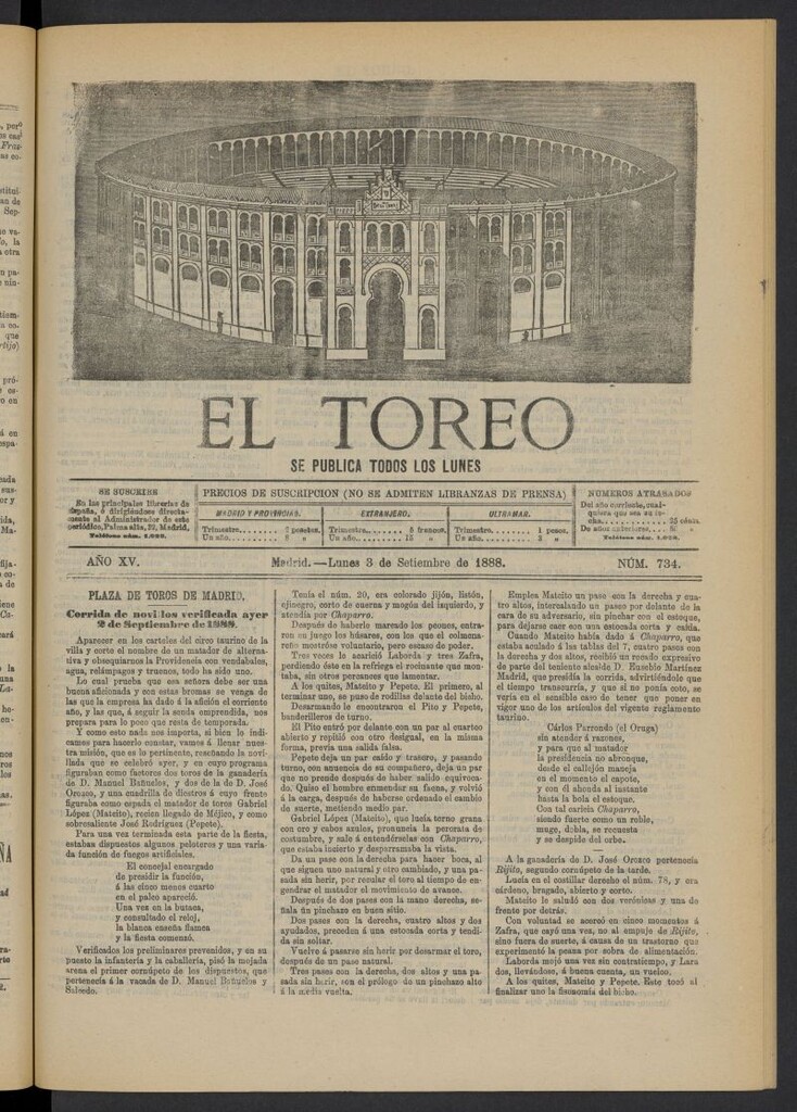 Miniatura de El Toreo: suplemento a "La Correspondencia Teatral" del 3 de septiembre de 1888, nº 734