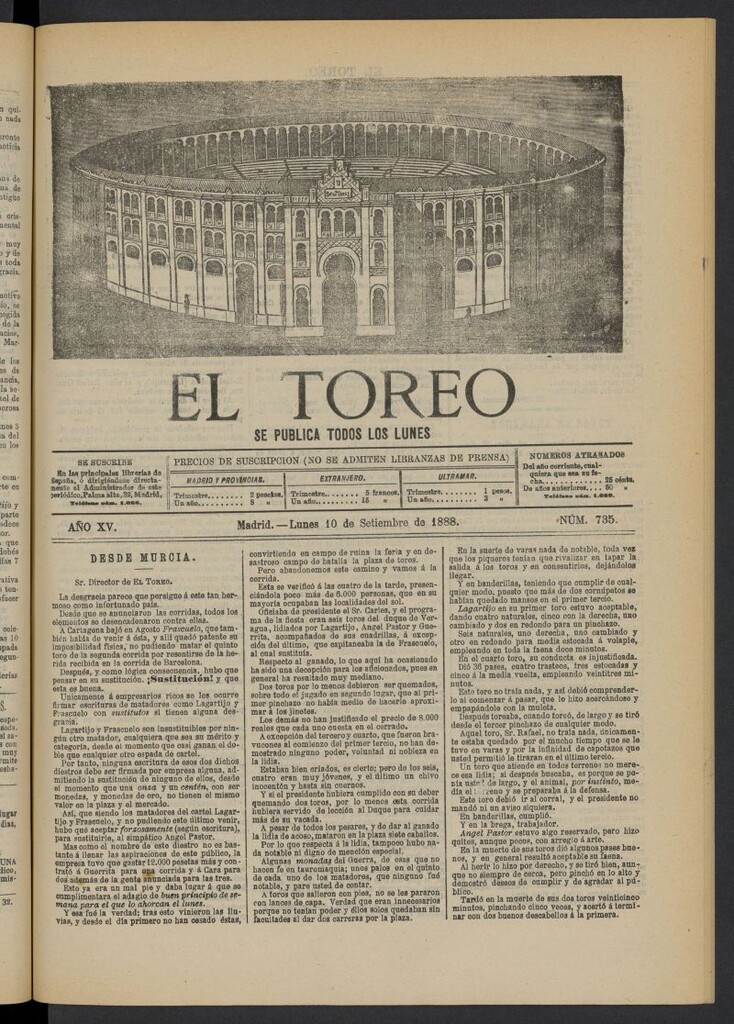 Miniatura de El Toreo: suplemento a "La Correspondencia Teatral" del 10 de septiembre de 1888, nº 735
