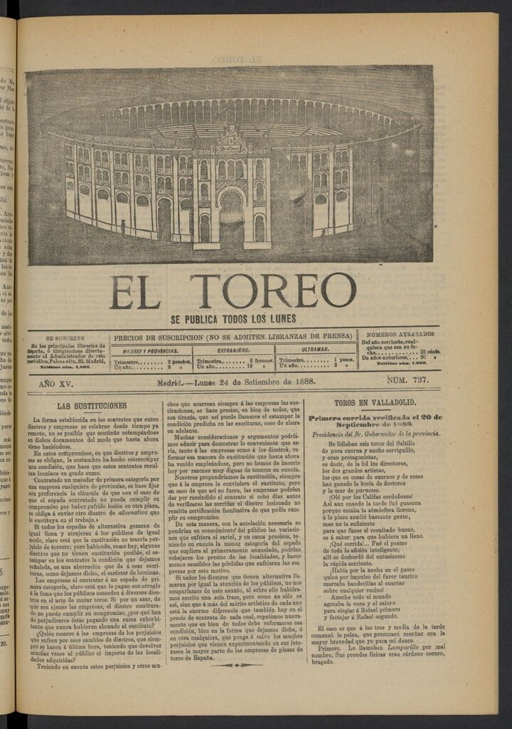 Miniatura de El Toreo: suplemento a "La Correspondencia Teatral" del 24 de septiembre de 1888, nº 737