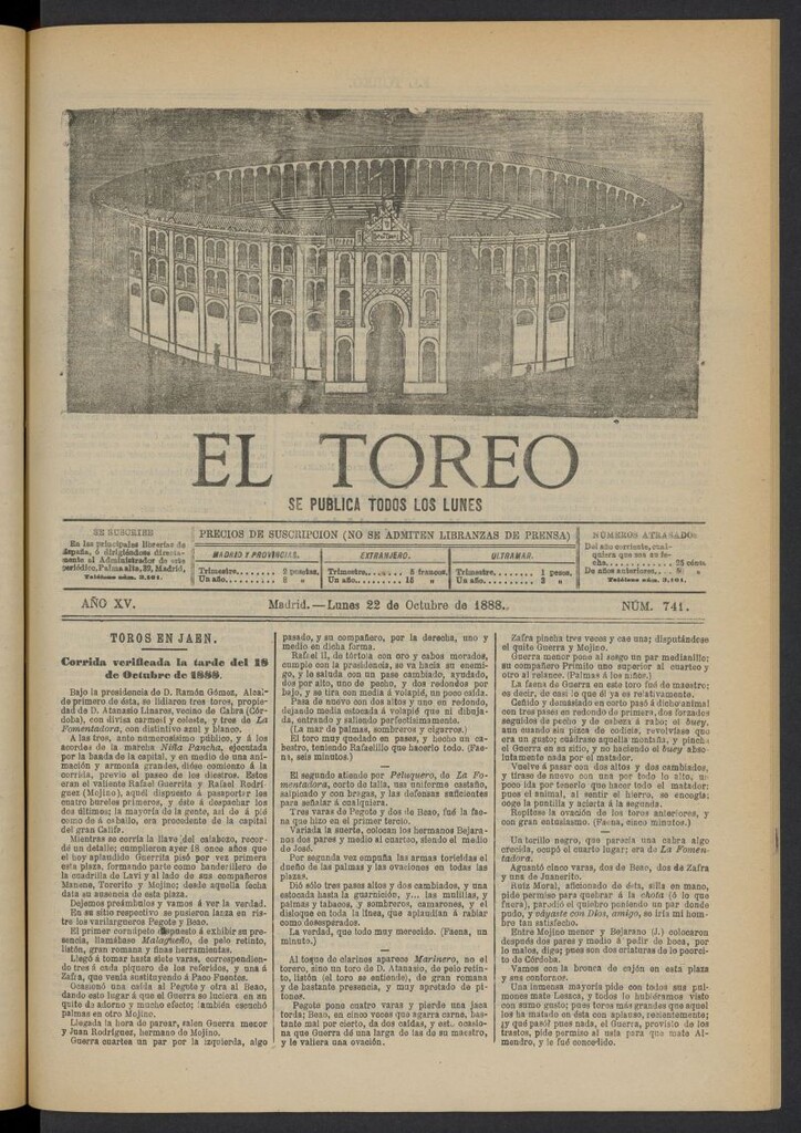 Miniatura de El Toreo: suplemento a "La Correspondencia Teatral" del 22 de octubre de 1888, nº 741