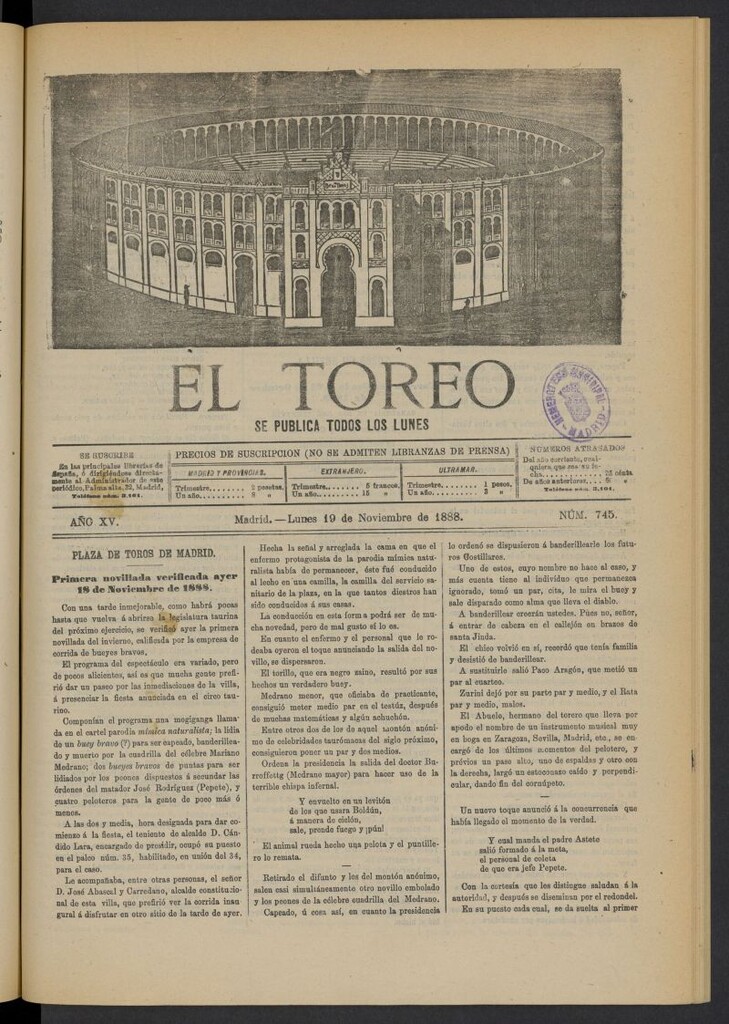 Miniatura de El Toreo: suplemento a "La Correspondencia Teatral" del 19 de noviembre de 1888, nº 745
