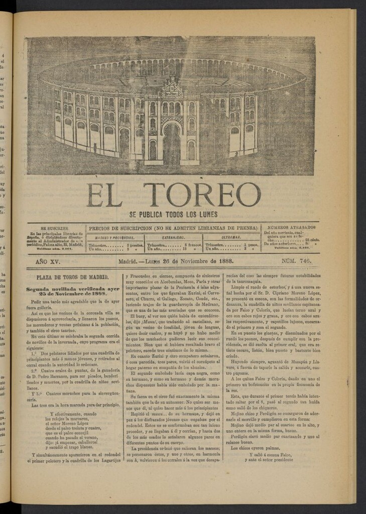 Miniatura de El Toreo: suplemento a "La Correspondencia Teatral" del 26 de noviembre de 1888, nº 746