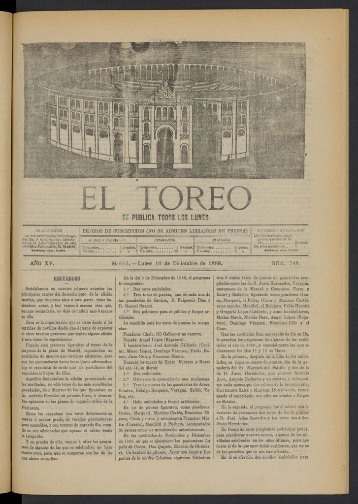 Miniatura de El Toreo: suplemento a "La Correspondencia Teatral" del 10 de diciembre de 1888, nº 748