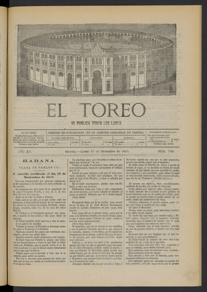 Miniatura de El Toreo: suplemento a "La Correspondencia Teatral" del 17 de diciembre de 1888, nº 749