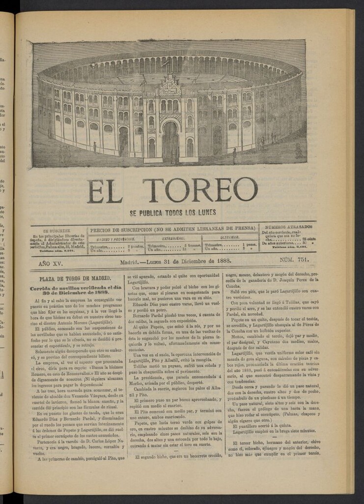 Miniatura de El Toreo: suplemento a "La Correspondencia Teatral" del 31 de diciembre de 1888, nº 751