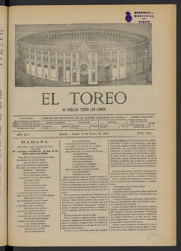 Miniatura de El Toreo: suplemento a "La Correspondencia Teatral" del 14 de enero de 1889, nº 753