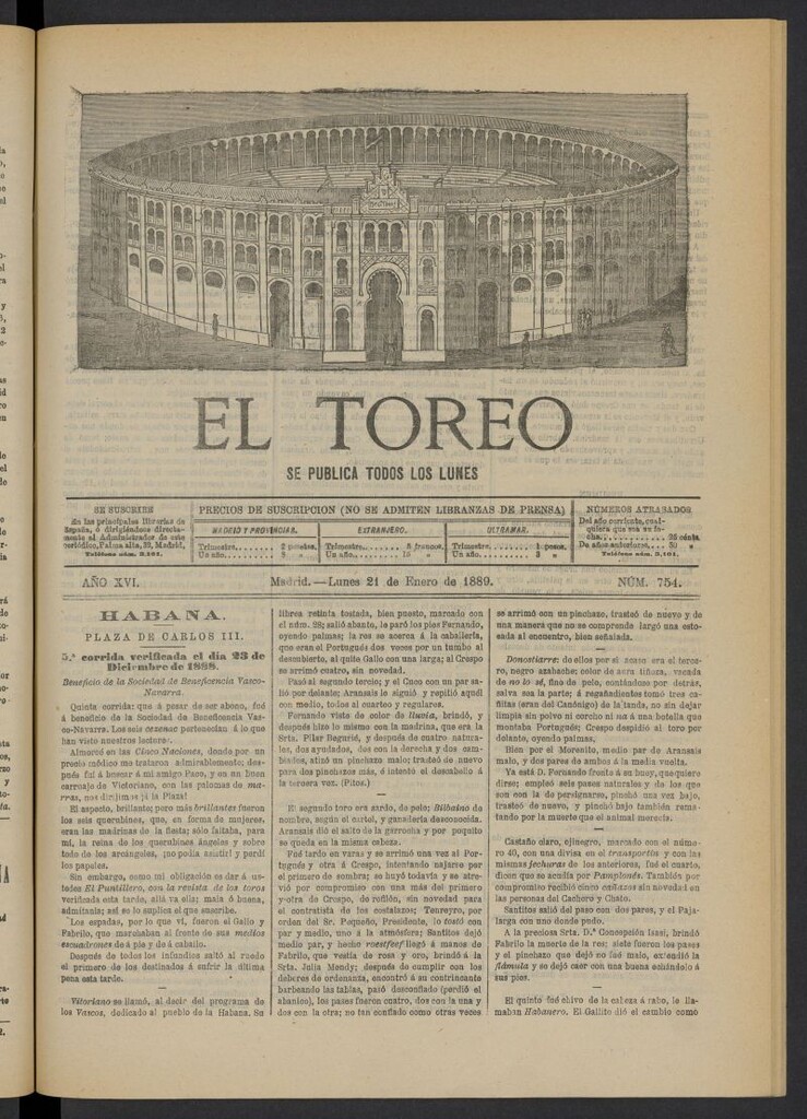 Miniatura de El Toreo: suplemento a "La Correspondencia Teatral" del 21 de enero de 1889, nº 754