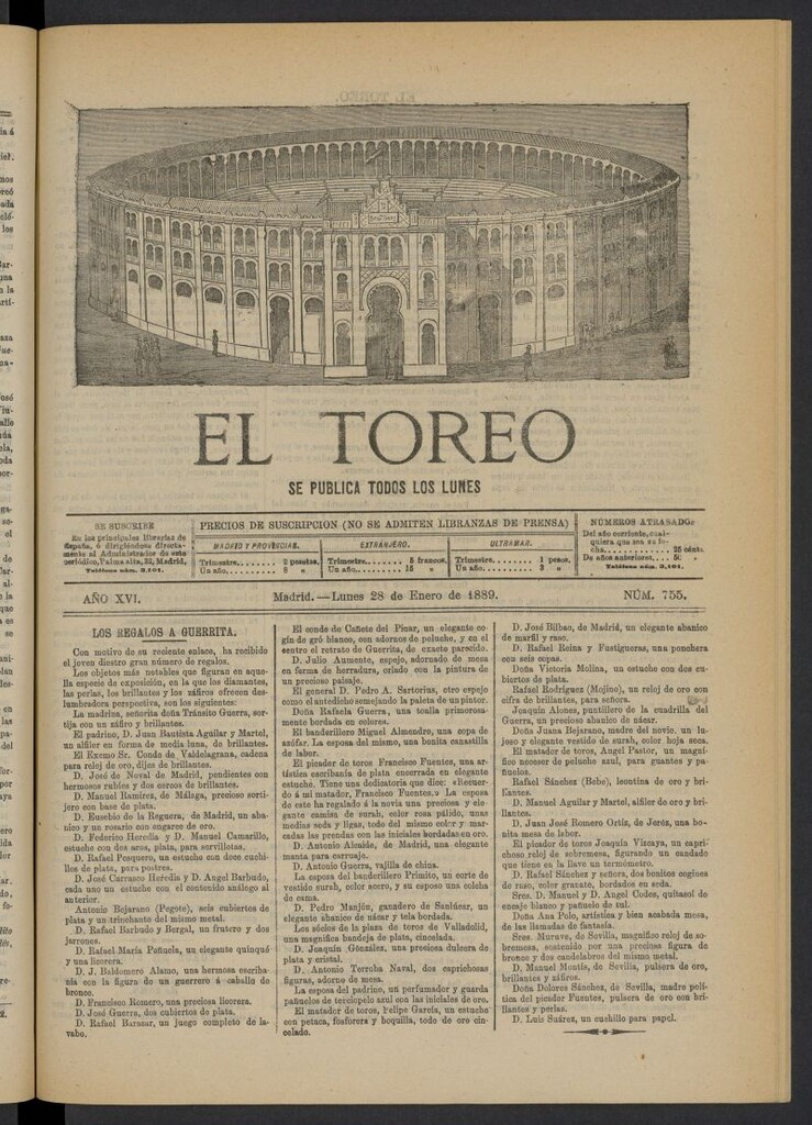 Miniatura de El Toreo: suplemento a "La Correspondencia Teatral" del 28 de enero de 1889, nº 755
