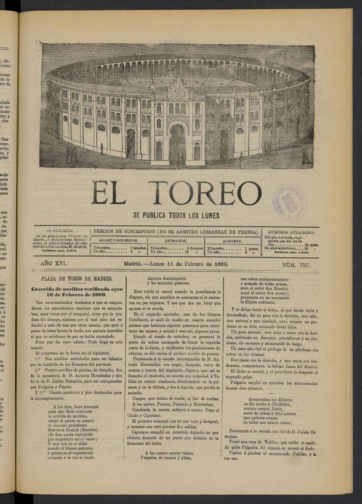 Miniatura de El Toreo: suplemento a "La Correspondencia Teatral" del 11 de febrero de 1889, nº 757