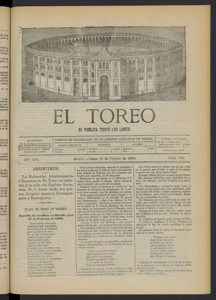 Miniatura de El Toreo: suplemento a "La Correspondencia Teatral" del 18 de febrero de 1889, nº 758