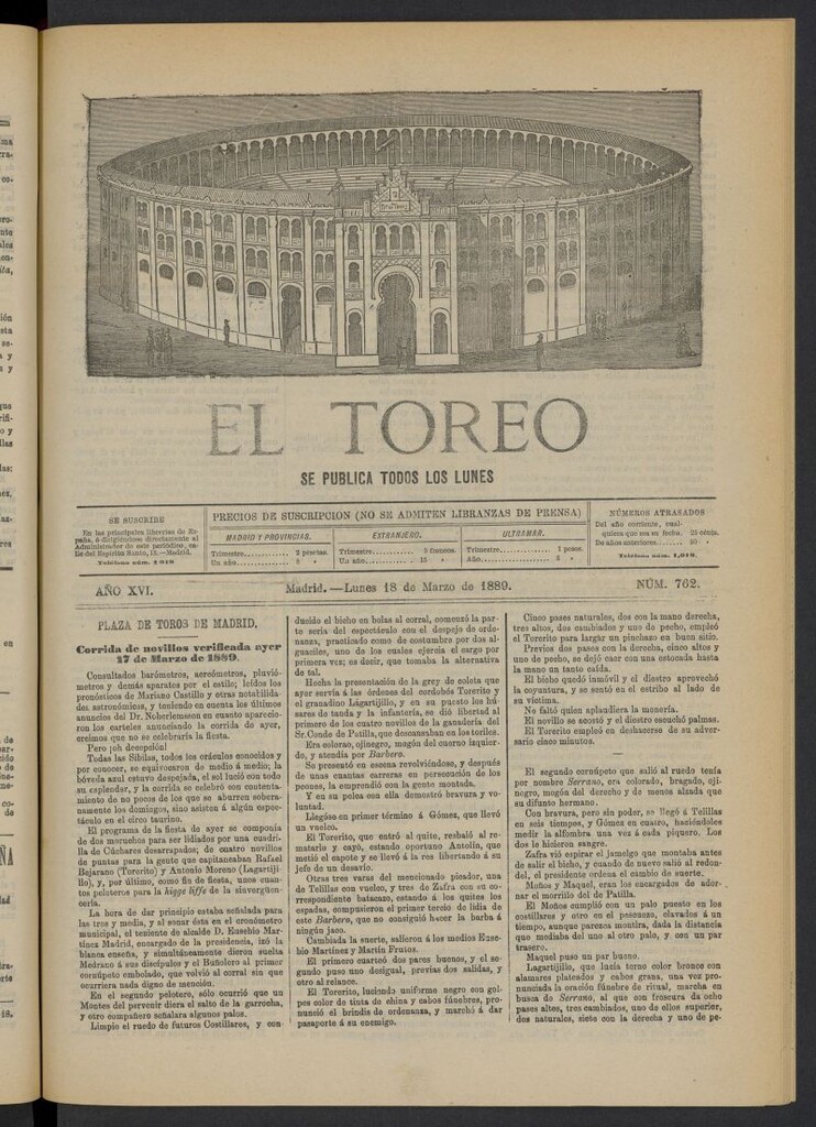 Miniatura de El Toreo: suplemento a "La Correspondencia Teatral" del 18 de marzo de 1889, nº 762