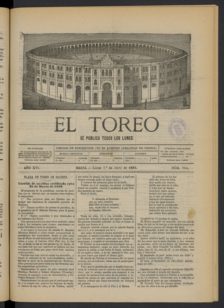 Miniatura de El Toreo: suplemento a "La Correspondencia Teatral" del 1 de abril de 1889, nº 764