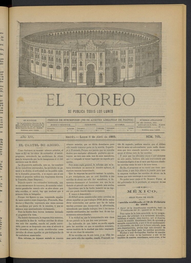 Miniatura de El Toreo: suplemento a "La Correspondencia Teatral" del 8 de abril de 1889, nº 765