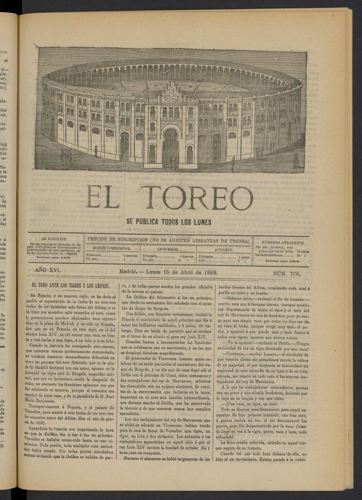 Miniatura de El Toreo: suplemento a "La Correspondencia Teatral" del 15 de abril de 1889, nº 766