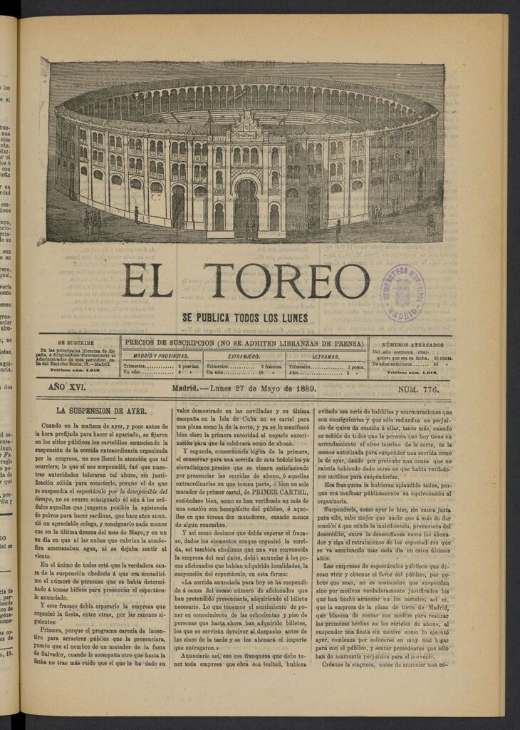Miniatura de El Toreo: suplemento a "La Correspondencia Teatral" del 27 de mayo de 1889, nº 776