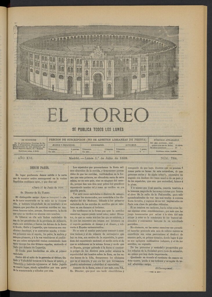 Miniatura de El Toreo: suplemento a "La Correspondencia Teatral" del 1 de julio de 1889, nº 784